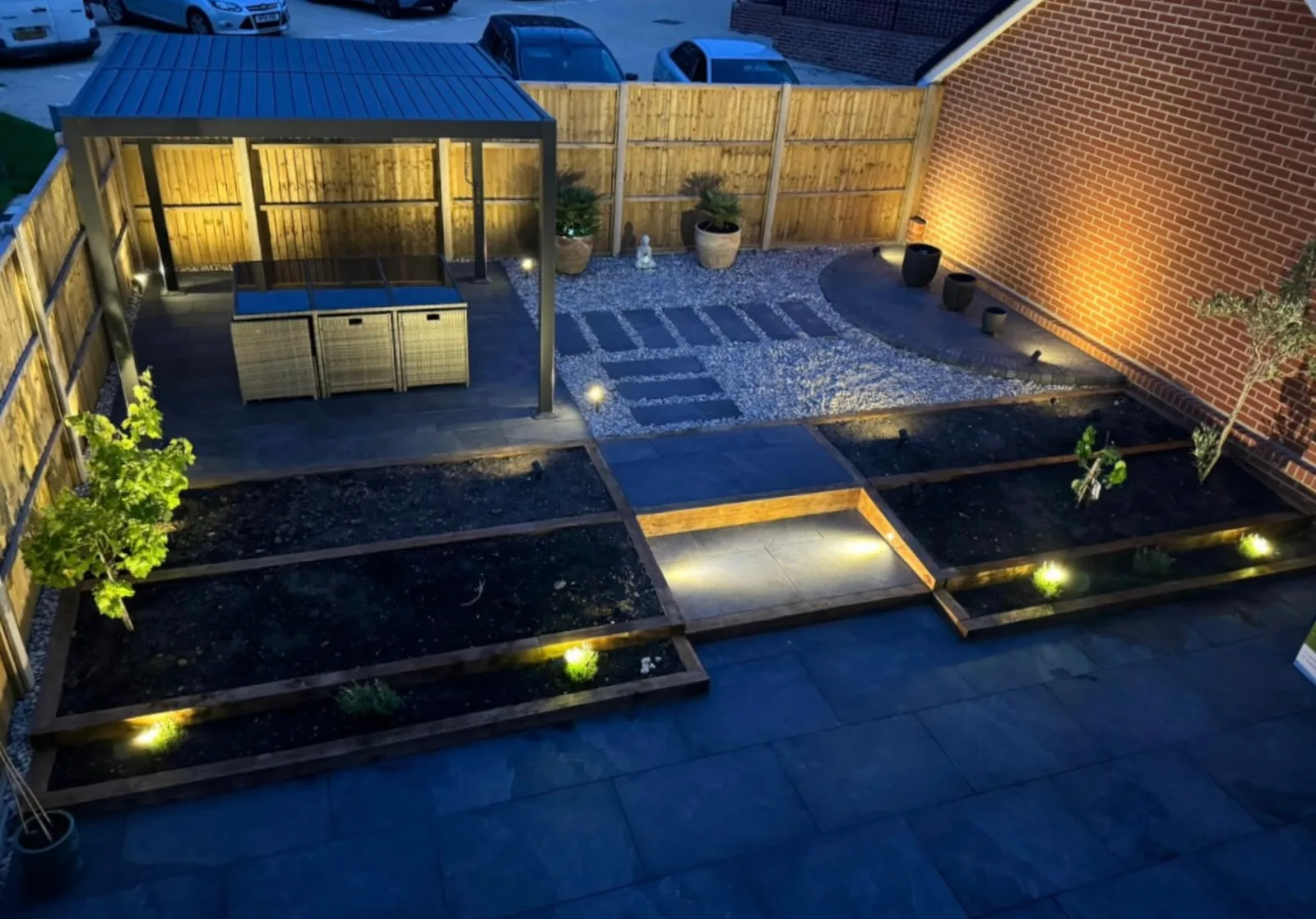HLS whole-garden layout showing how a pergola, planting and paved levels work together